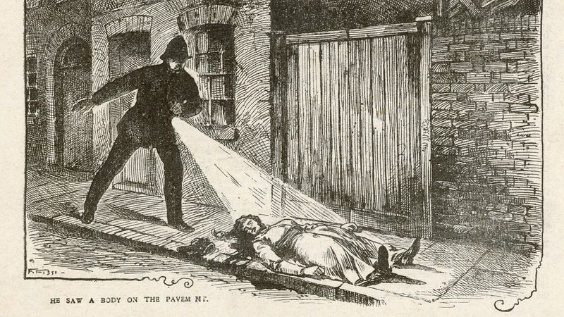 Dobová ilustrace nalezení těla Marry Ann Nicholsové v londýnské čtvrti Whitechapel v roce 1888.