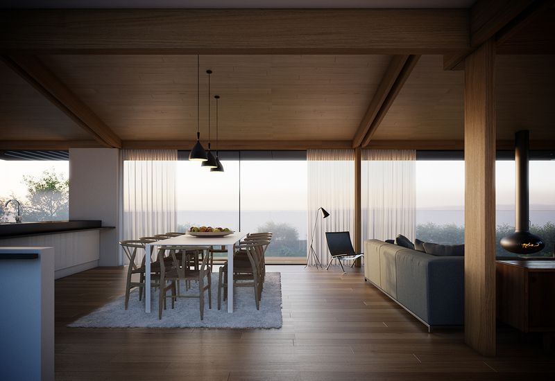 Dřevěné trámy a nosníky jsou přítomné v celém interiéru domu. Jsou připomínkou nedalekých zemědělských staveb.