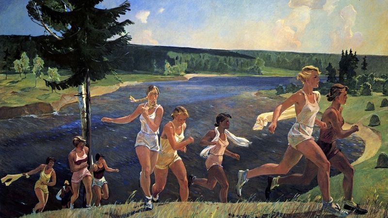 Alexandr Dejneka, Nestrojený život, 1944, Treťjakovská státní galerie v Moskvě. Naturalistická iluze o sovětské realitě. 
