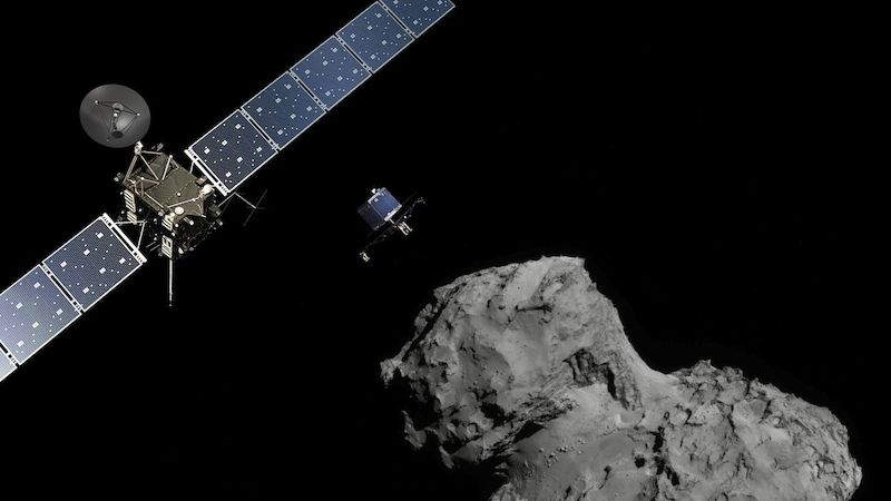 Ilustrace Rosetty (vlevo) s modulem Philae u komety