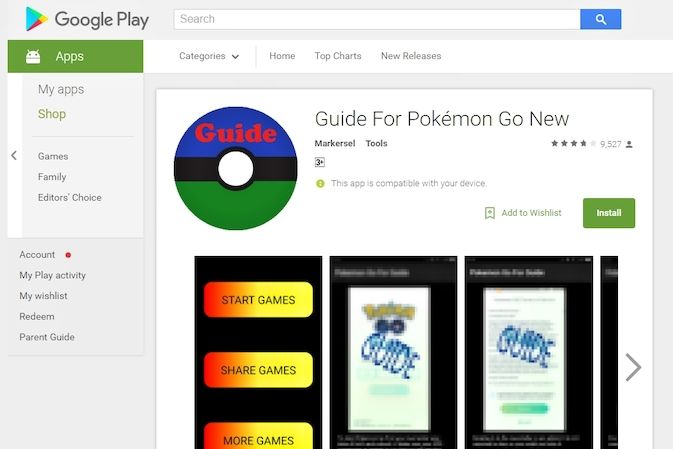 Podvodná aplikace Guide for Pokémon Go