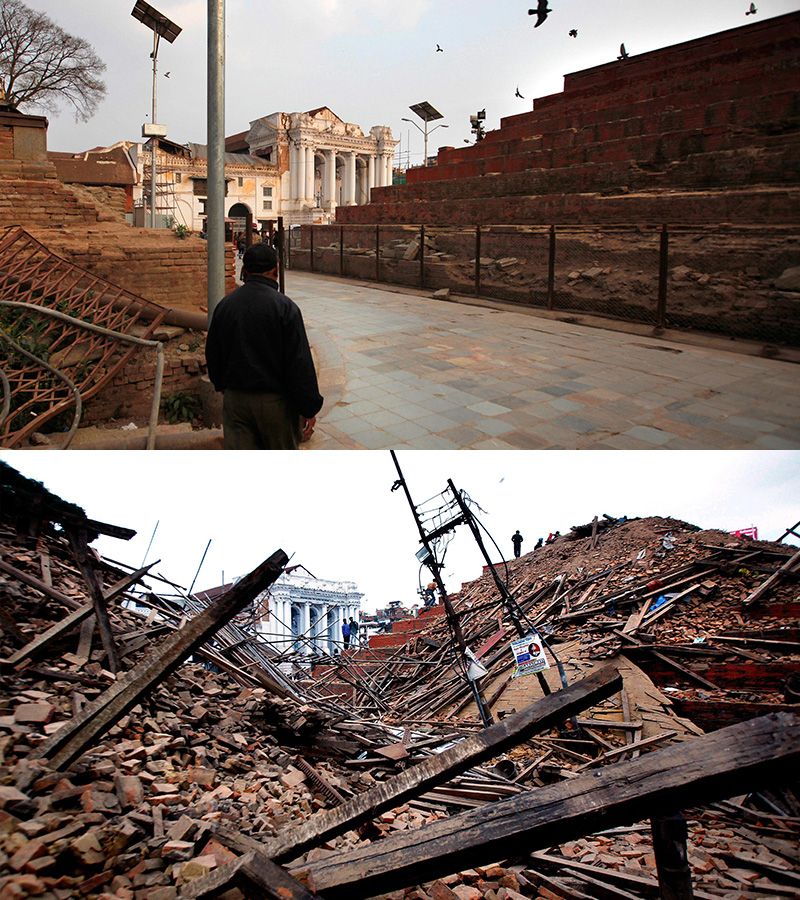 Slavné náměstí Durbar zdemolované zemětřesením (dole) a dnes, postupně opravované