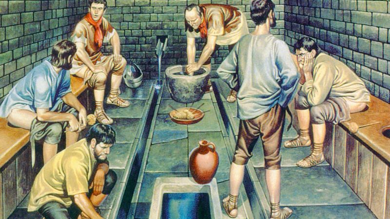 Rekonstrukce římských vojenských latrín v Británii.
