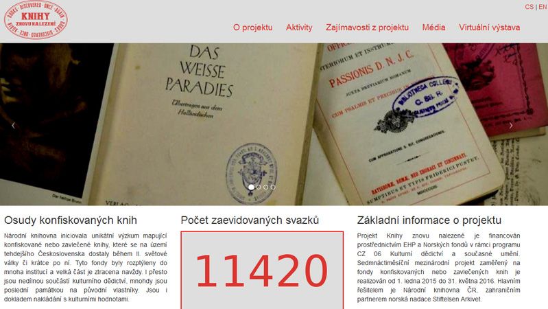 Webová stránka projektu Knihy znovu nalezené dokumentující zabavené knihy, které se dostaly do někdejšího Československa za II. světové války nebo těsně po ní.