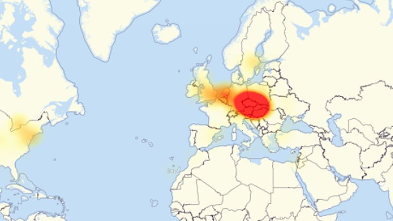 Mapa výpadku služeb Googlu podle serveru downdetector.com