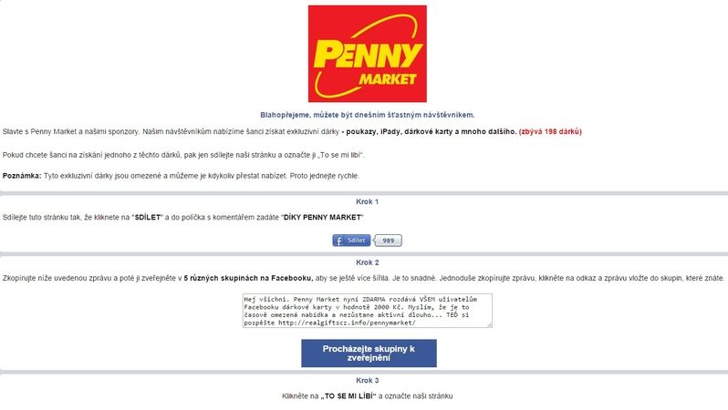 Podvodná stránka, ve které lákají důvěřivce na poukazy a iPady jménem Penny Marketu.