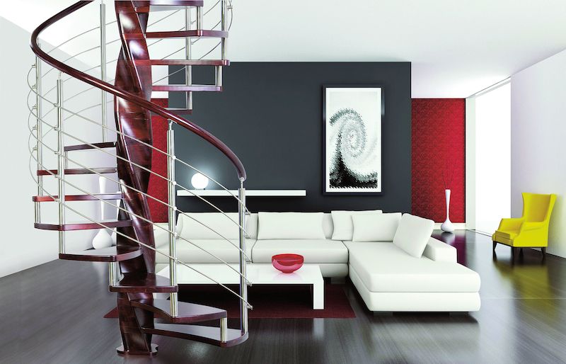 Luxusní kombinované točité schodiště Tango kde je schodišťový stupeň a středový sloup z masivního bukového dřeva.