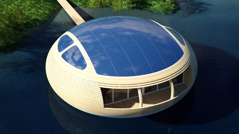 Většinu plochy vypuklé střechy pokrývají fotovoltaické panely.