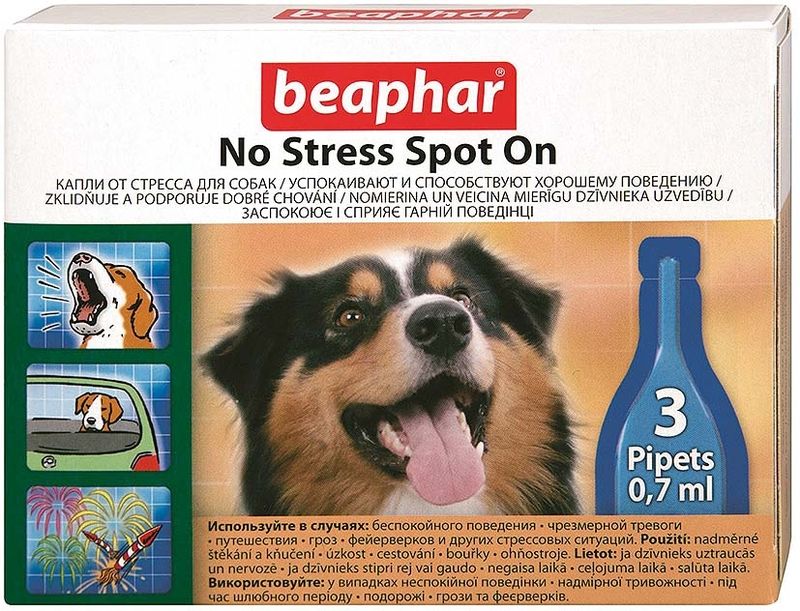 Beaphar No Stress Spot On je přípravek ke zklidnění psů a koček všech plemen a věkových kategorií. Mikrokapsle obsahuje 100% extrakt kozlíku lékařského. Uvolňuje se do jedné hodiny po aplikaci. Balení stojí 139 Kč a obsahuje tři pipety. 