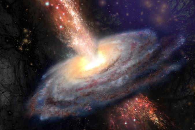 Mezigalaktický prostor vyplňuje mimo jiné železo. tento prvek je starší než 10 miliard let. Umělecká koláž.