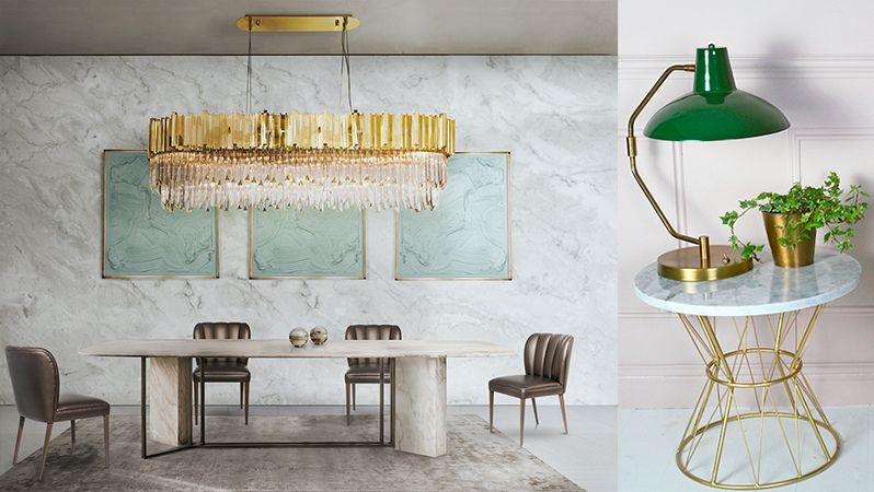 Kombinace zlatých detailů a mramorového vzoru působí honosně a luxusně. 