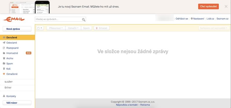 Nabídka na vyzkoušení nového Emailu se zobrazuje v liště podél horní obrazovky.