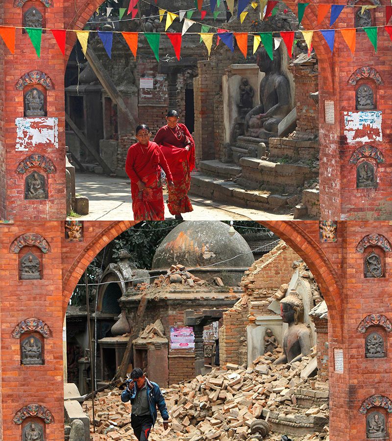 Takto zasáhlo zemětřesení Bhaktapur v údolí Káthmándú (dole), zmátořuje se dodnes.