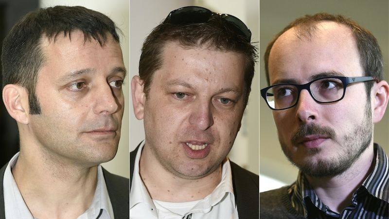 Novináře Edouarda Perrina (zleva) soud obvinění sprostil, dva bývalí zaměstnanci PwC Raphael Halet a Antoine Deltour půjdou do vězení.