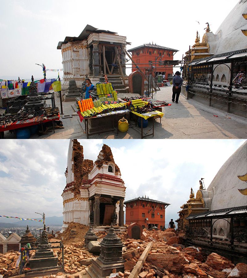 Stúpa Swayambhunath těsně po zemětřesení (dole) a dnes.