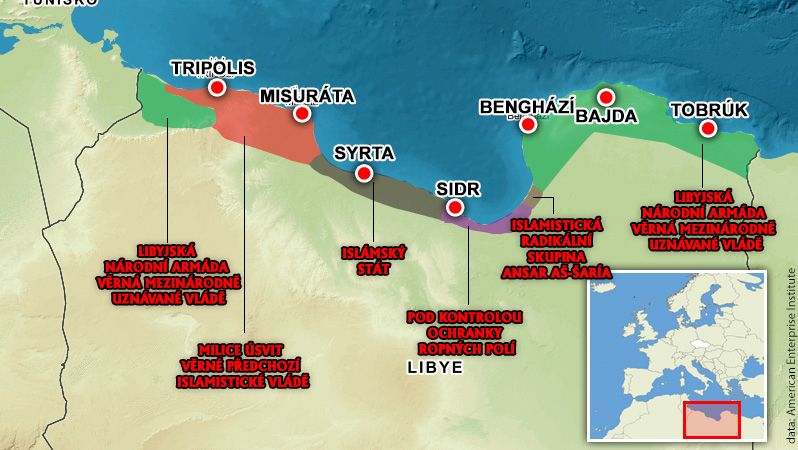 Rozložení sil v Libyi na počátku letošního roku. 