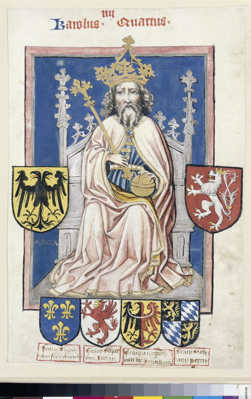 Trůnící Karel IV. se znaky svých čtyř žen (kolem roku 1430), k vidění na výstavě Císař Karel IV. 1316–2016 v pražské Národní galerii, konkrétně Valdštejnské jízdárně, od 15. května do 25. září.