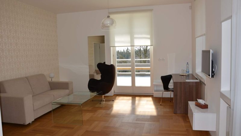 Interiéry vily jsou dnes zařízeny v moderním stylu, nechybí ani výrazné designové kusy typu křesla s názvem Vejce od Arne Jacobsena.