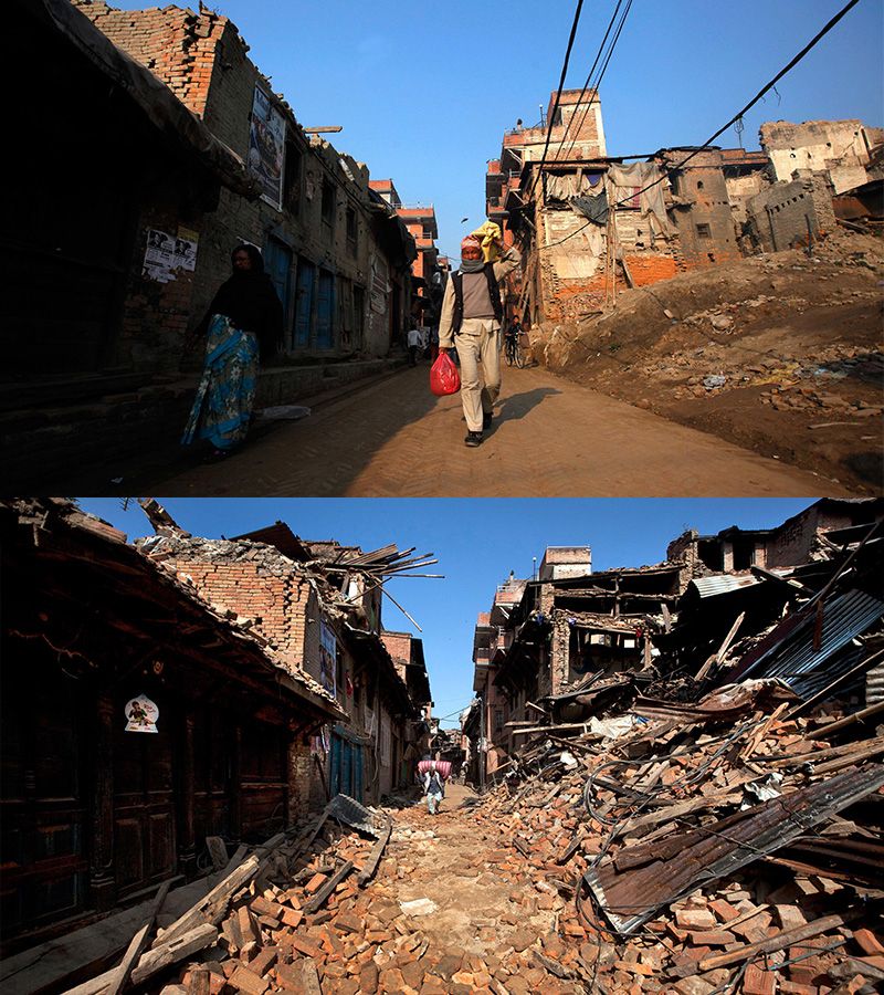 Těžko schůdná cesta v Bhaktapuru po ničivém zemětřesení (dole) a dnes.