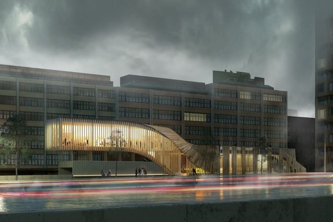 Nová budova na pomezí dvou stockholmských čtvrtí je určena k podpoře denního i nočního společenského ruchu v oblasti.