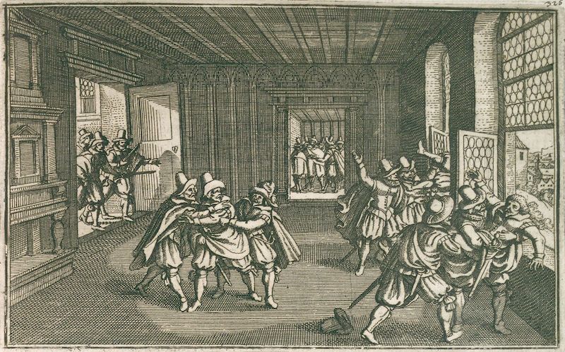 Defenestrace na mědirytině z roku 1630