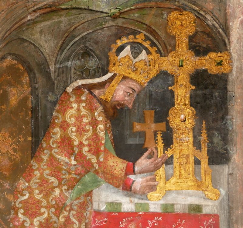 Karel IV v hedvábném oděvu se rád obklopoval luxusem a výrobky českých gotických zlatníků. Detail nástěnné malby na hradě Karlštejně. 