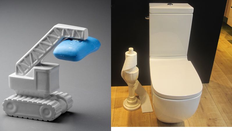 Odvážným návrhem je jeřábovitý magnetický držák na mýdlo, projekt Tomáše Bárty s názvem Mejeme si ručičky. Zaujal i držák toaletního papíru Trofej od Kateřiny Borovcové. 