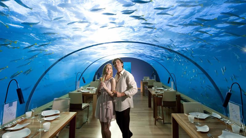 Podmořská restaurace Ithaa leží zhruba 5 metrů pod hladinou. 