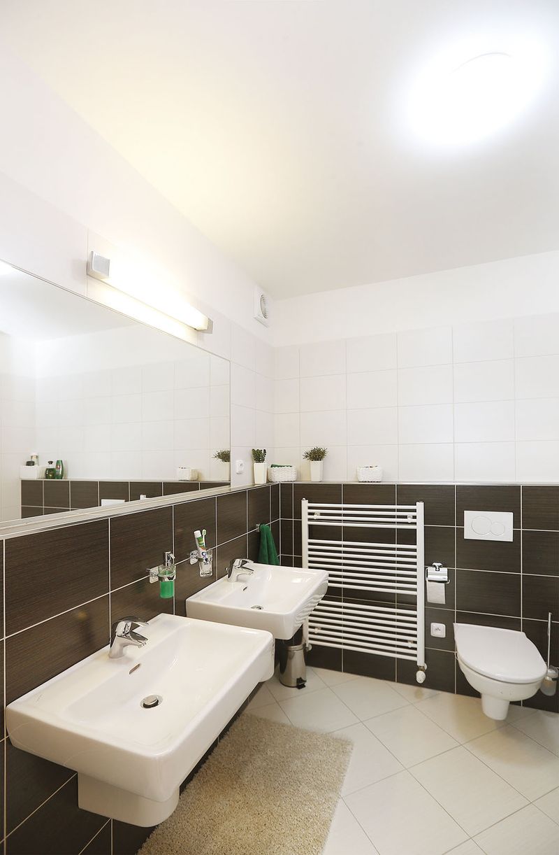 Praktickým prvkem v koupelně je velké zrcadlo a nika přes dvě stěny, kam lze umístit toaletní potřeby.