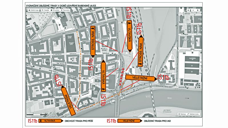Mapa objízdných tras v době uzavírky mostu v Bubenské ulici
