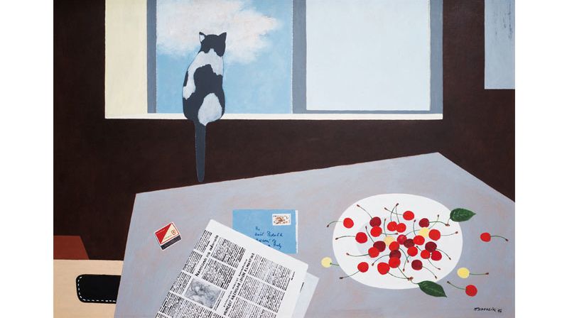Arnošt Paderlík staví vedle sebe různé vizuální symboly a odkazy (Zátiší s kočkou a třešněmi, 1973).