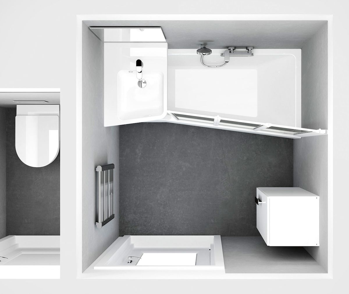 Jádro panelákového bytu tvoří koupelna a toaleta většinou velmi malých rozměrů. Proto je vhodné vsadit na koupelnové sety, na snímku koncept Be Happy. 