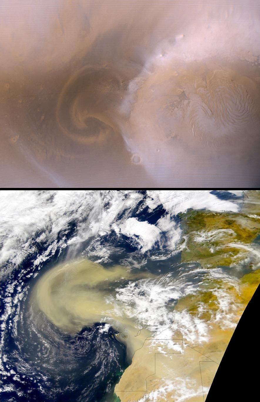 Srovnání bouře na Marsu a na Zemi (ilustrační snímek z roku 2000)