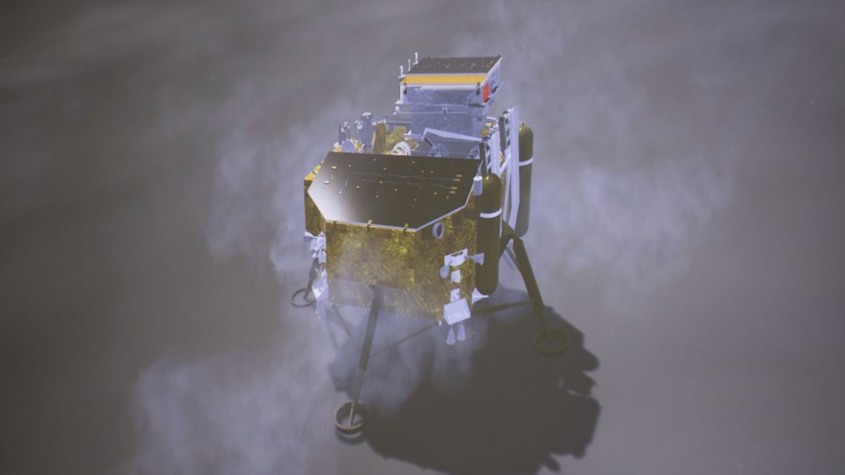 Vizualizace přistání sondy Čchang-e 4 na odvrácené straně Měsíce.