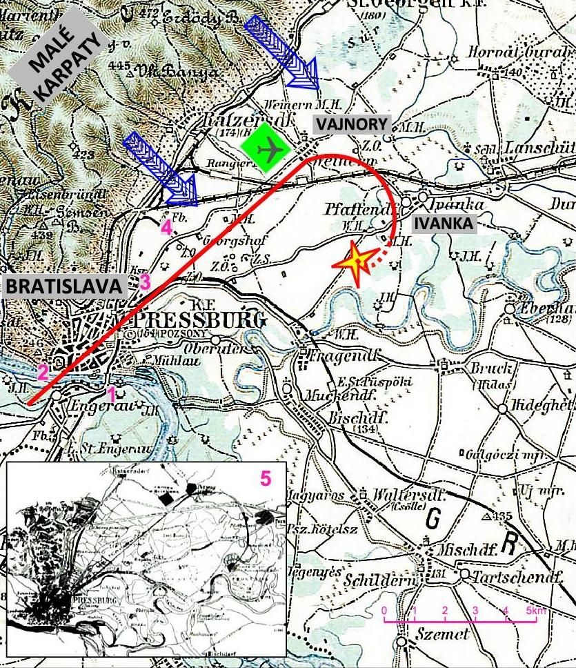 Možná trasa letu s náčrtkem generála Piccioneho, velitele čs. vojsk na Slovensku