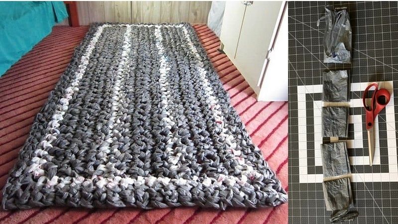 Z nastříhaných igelitových tašek se dá vytvořit praktický koberec.