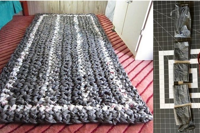 Z nastříhaných igelitových tašek se dá vytvořit praktický koberec.
