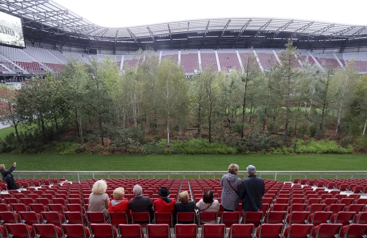 Místo fotbalistů les. Rakouský umělec nechal vysázet na stadionu téměř 300 stromů.