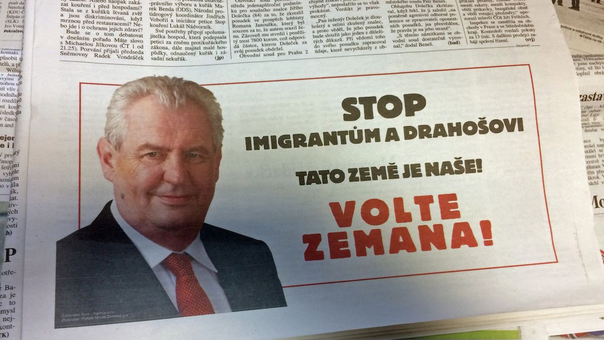 Inzerát, který v prezidentské volbě podpořil Miloše Zemana a zaútočil na protikandidáta Jiřího Drahoše.