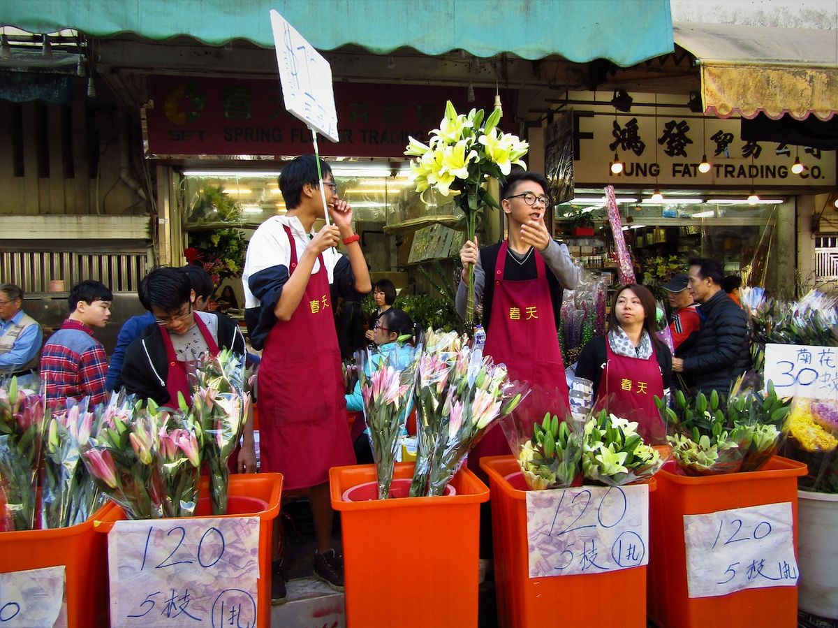 Květinový trh oslní záplavou vůní a barev. Největší je ve čtvrti Mong Kok.
