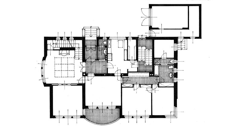 Nákres prozrazuje prostorové uspořádání vily.
