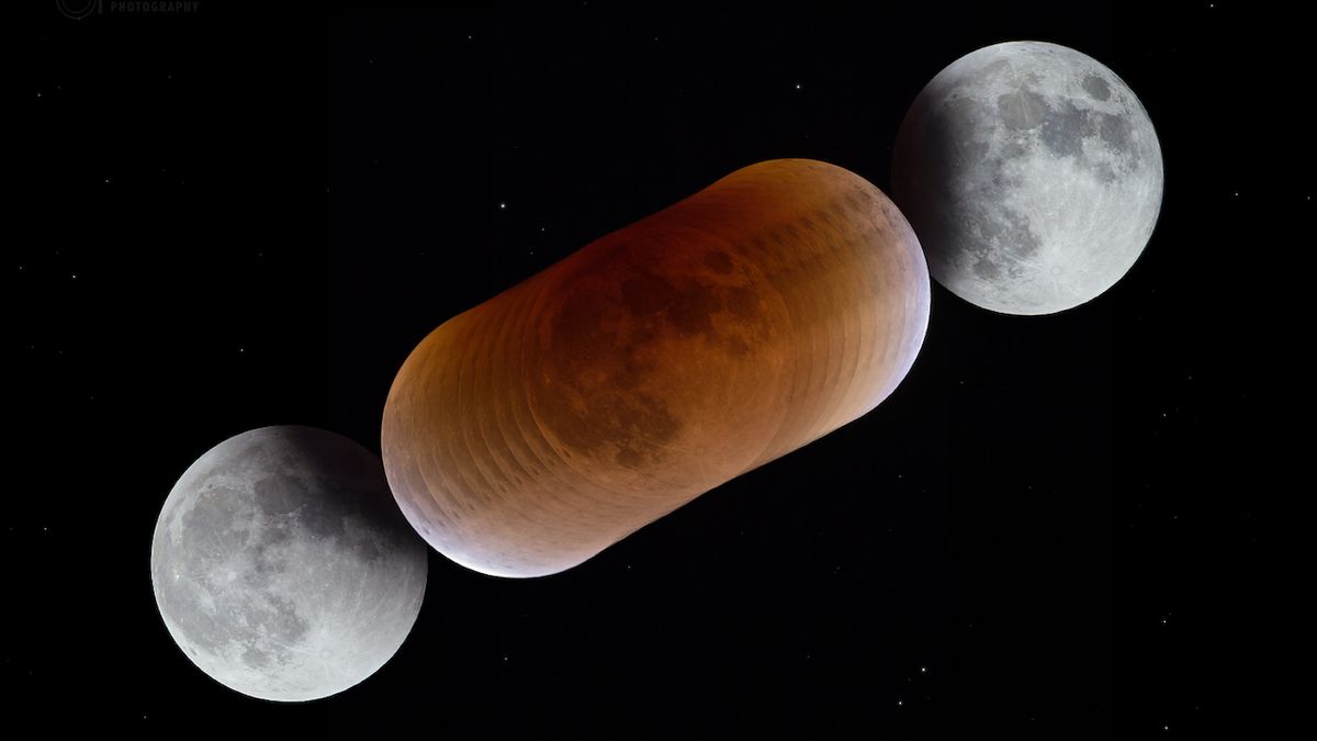 Průběh zatmění Měsíce a změna barev v zemském stínu zachycená během úkazu 31. ledna 2018. Ilustrační foto