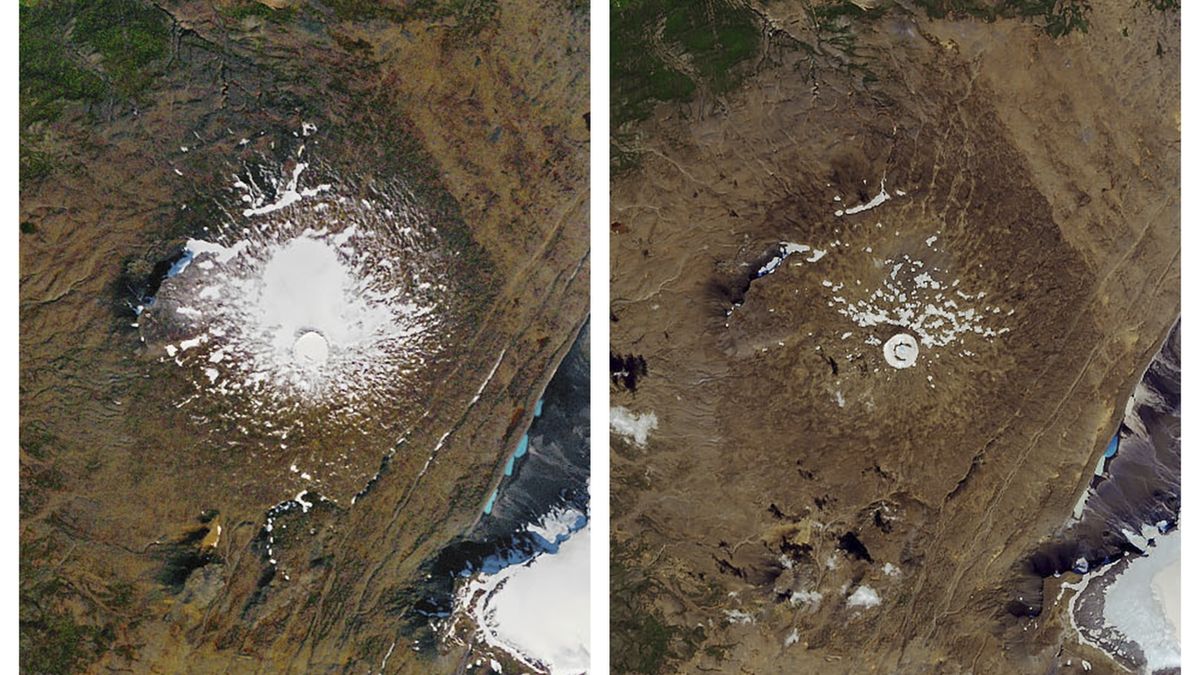 Satelitní snímky islandského ledovce Okjökull v roce 1986 (vlevo) a v roce 2019