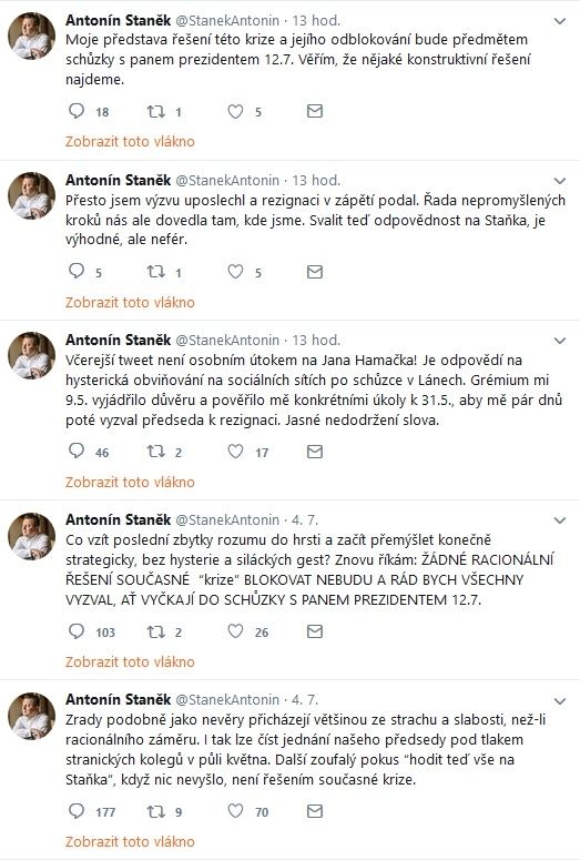 Tweety ministra kultury Antonína Staňka (ČSSD)