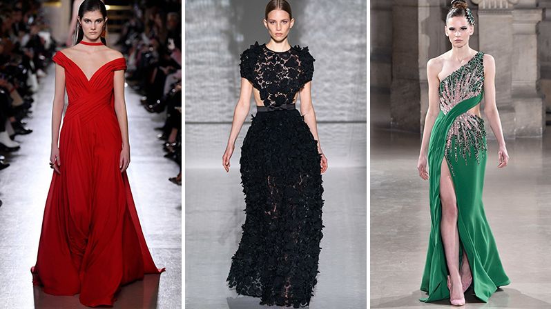 Výběr večerních šatů z Pařížského týdne módy. Zleva Elie Saab, Givenchy a Tony Ward.