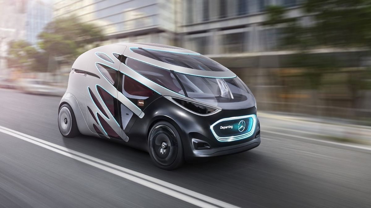 Mercedes-Benz Vision Urbanetic Concept může vozit kapsli pro pasažéry, jako na tomto snímku, nebo krabici pro náklad.