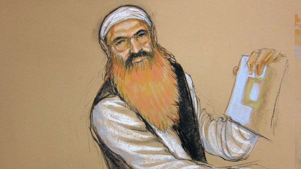 Chálid šajch Muhammad na skice při výslechu před vojenským tribunálem v roce 2012.