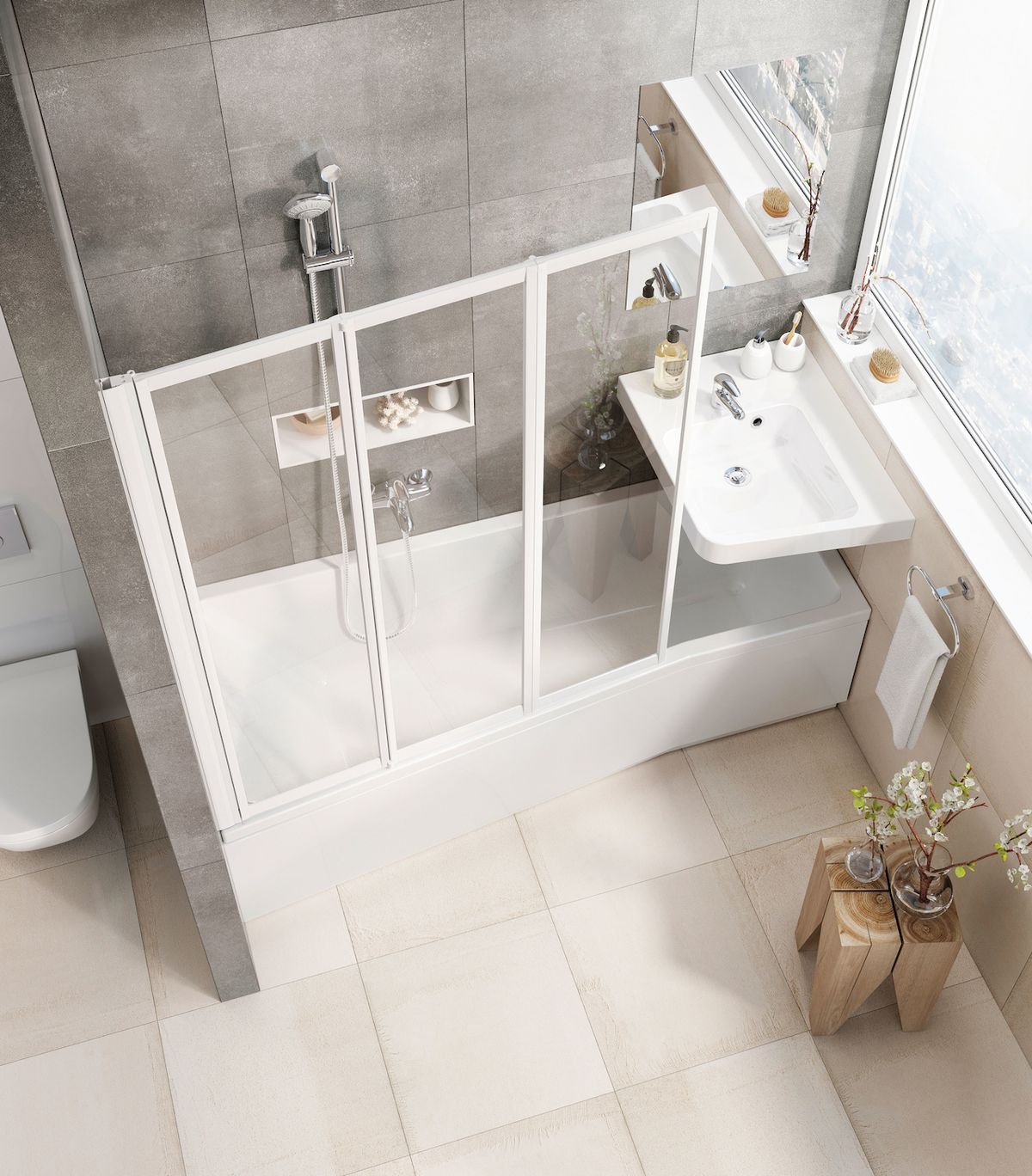 Třídílná zástěna, např. typ VS3, je použitá u vany BeHappy. Umožňuje pohodlný vstup do vany a dobře chrání koupelnu před stříkající vodou. 
