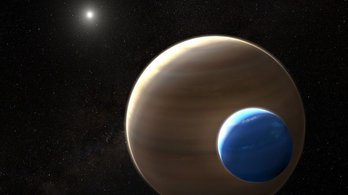 Vizualizace planety a potenciálního měsíce ve hvězdném systému Kepler-1625b