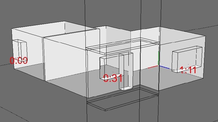 Výstup z programu BuildingDesign – doba oslunění pro jednotlivé místnosti bytu - okno vlevo vzadu vede do problematické ložnice. Doby oslunění v ložnici nevyhovují požadavku vyhlášky a norem.